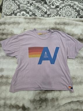 Aviator Nation Lavender Tee with Blue Logo and Rainbow Stripes